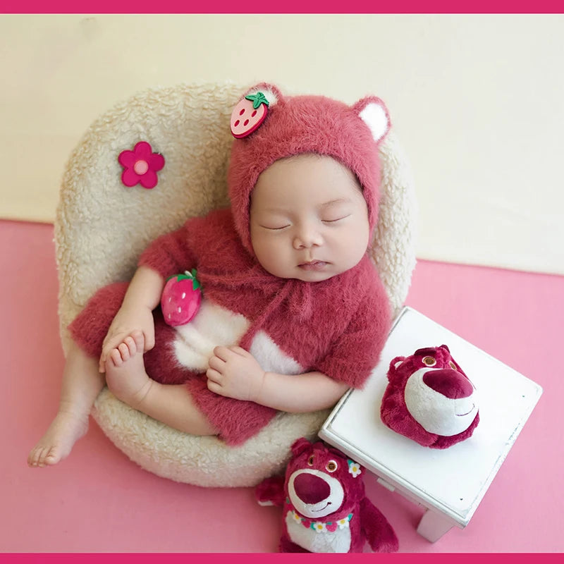 Newborn Photography Clothes Cute Bear Ear Hat Knitted Jumpsuit Pink Bear Theme