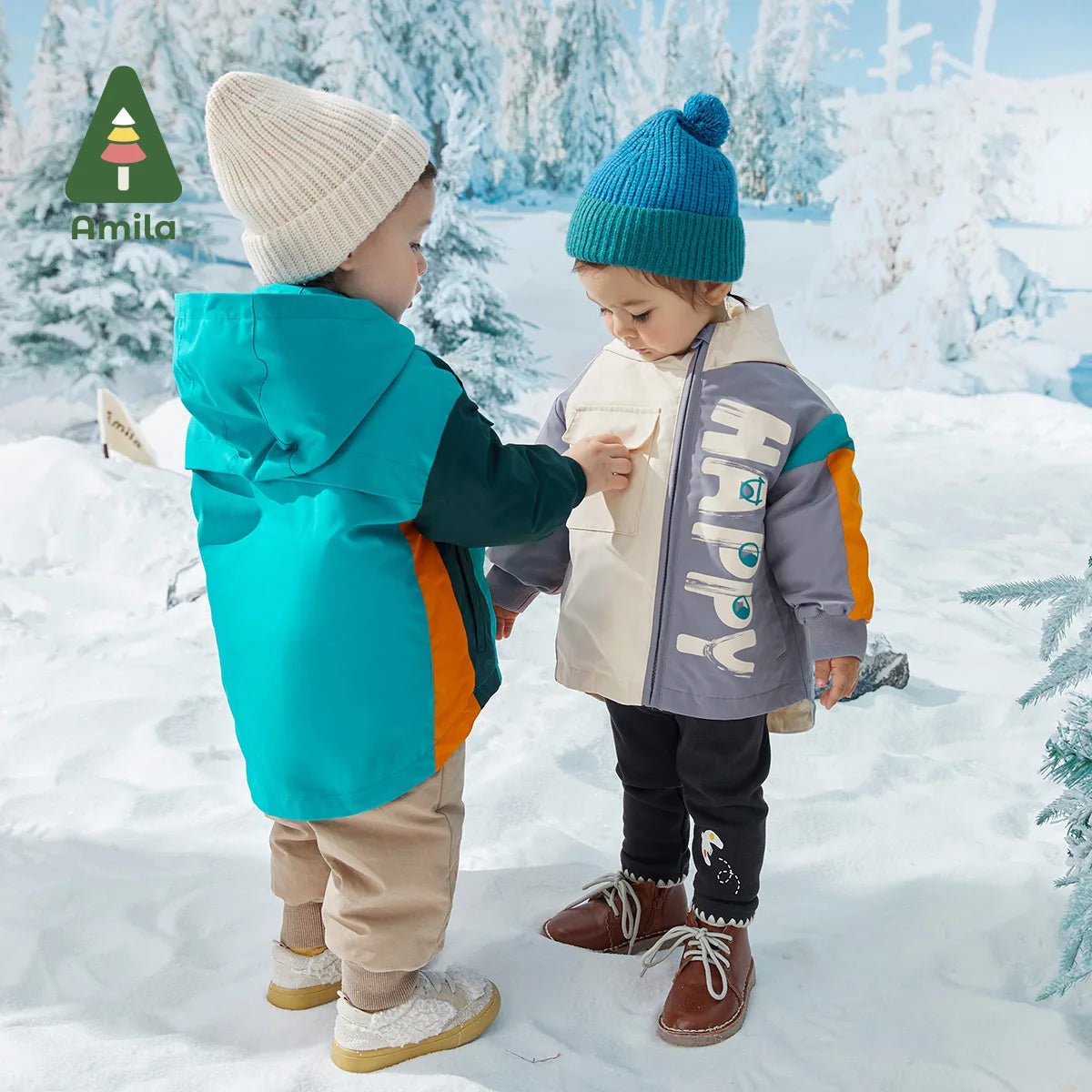 Amila Baby's Down Jacket 2022 Winter New Baby Boys Letter Warmth Patchwork Cloth Pocket Coat With Solid Color Hooded Jackets