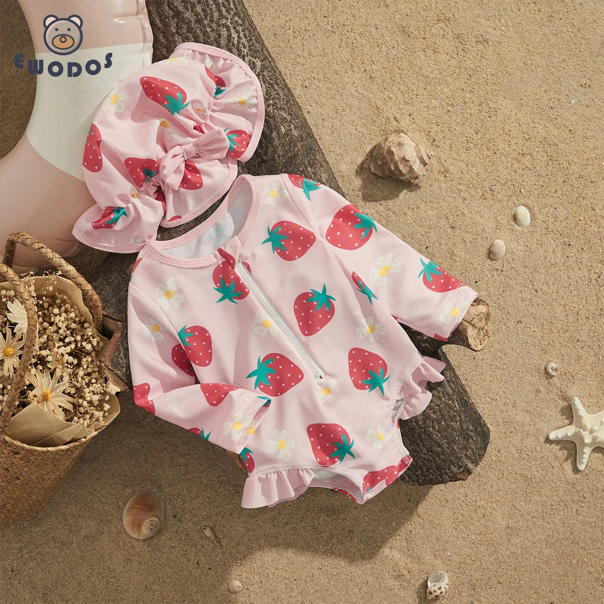Baby Strawberry Print Bathing Suit + Sun Hat Beachwear Set