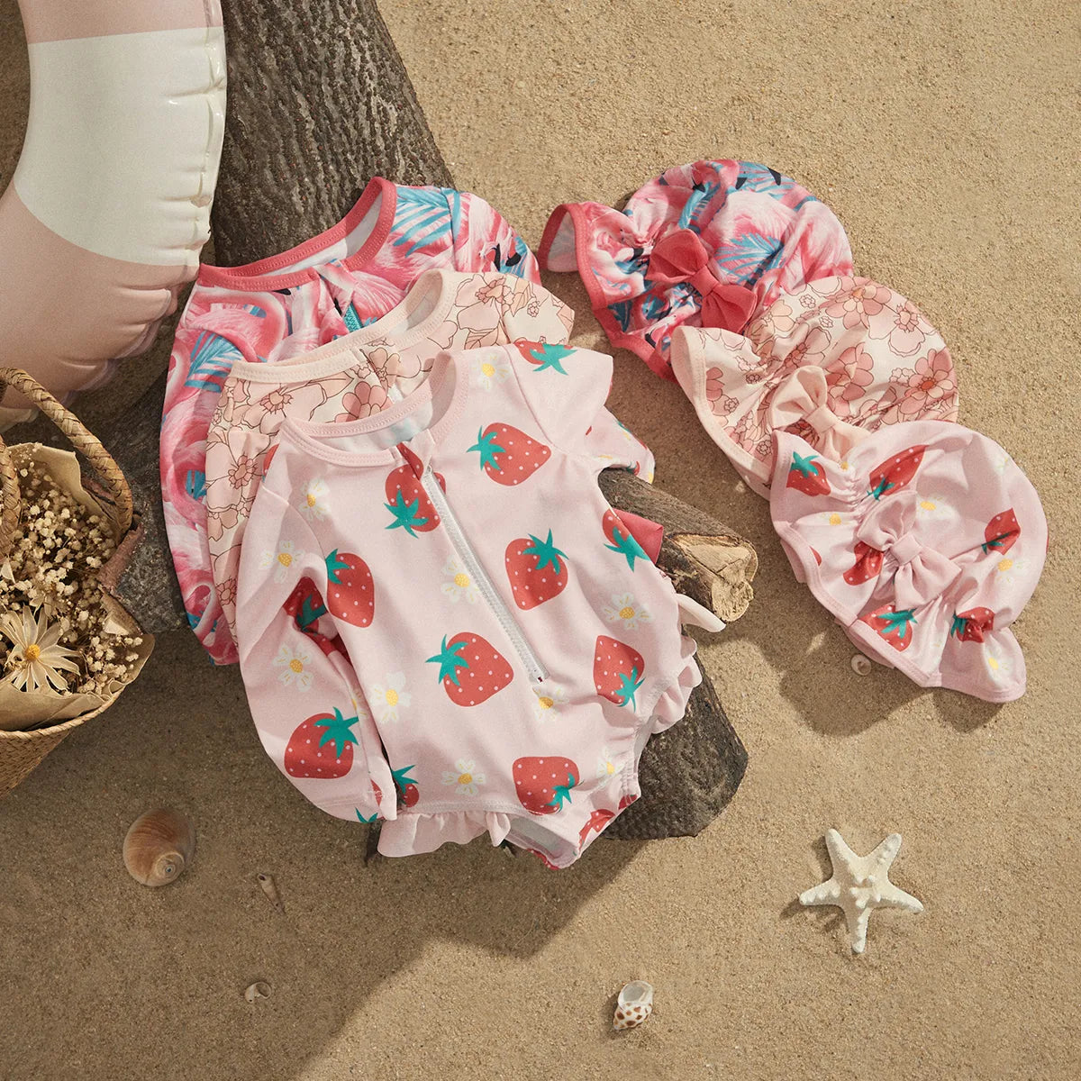 Baby Strawberry Print Bathing Suit + Sun Hat Beachwear Set