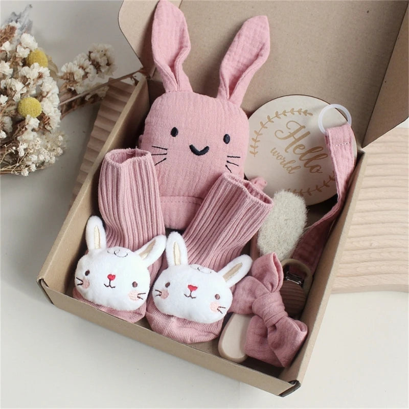 Soft Cotton Rabbit Towel+Socks+Hair Brush Face Towel for Newborn Shower Gift Box