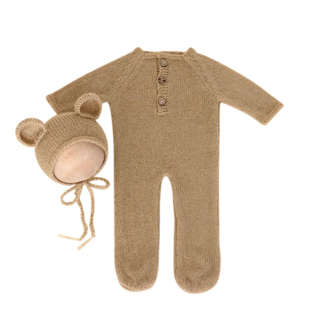 Newborn Wool Knitted Bear Jumpsuit Hat