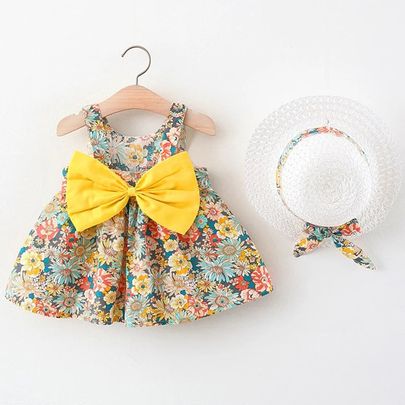 2Piece Flowers Cute Princess Baby Dresses+Sunhat Kids Dress