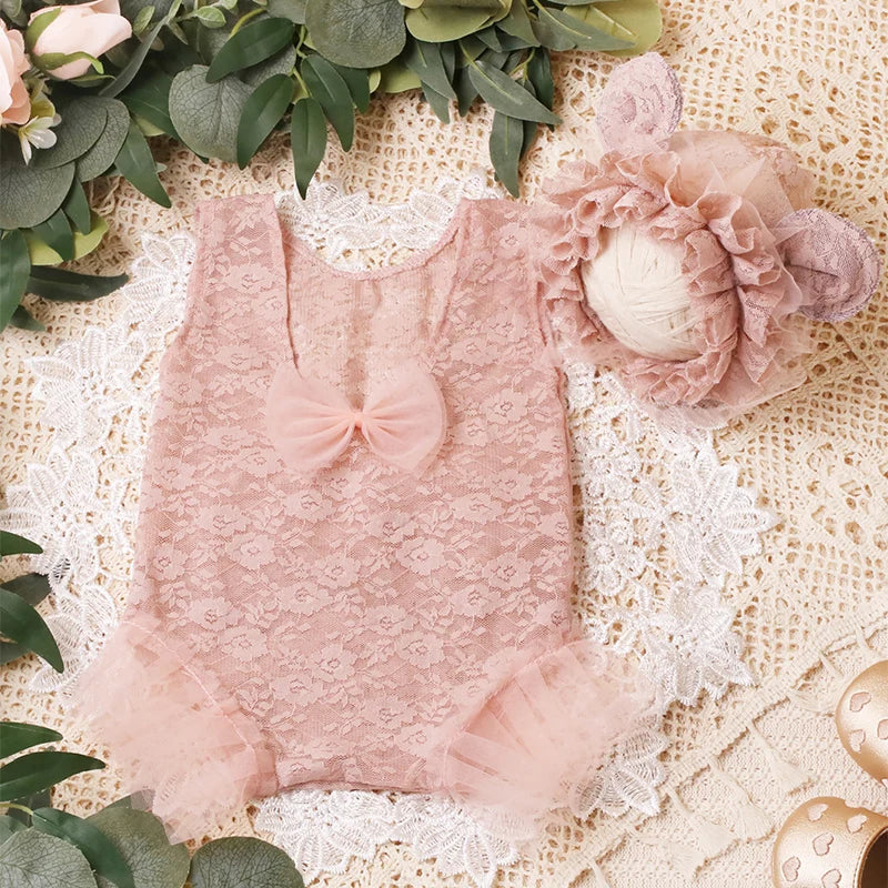 Lace Romper with Ear Hat Dusty Pink Baby Girl Photography Clothes
