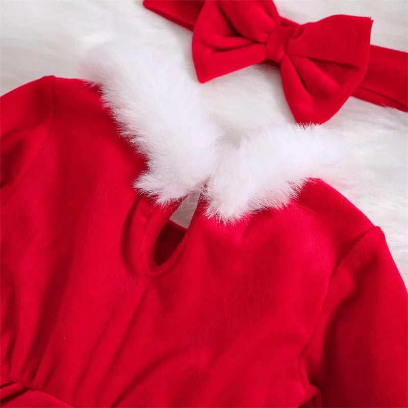 Baby Girls Christmas Velvet Romper Dress + Headband Set