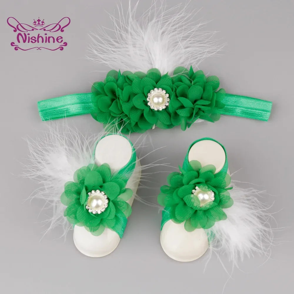 3pcs/lot Chiffon Flower Headband with Barefoot Sandals Soft Feather