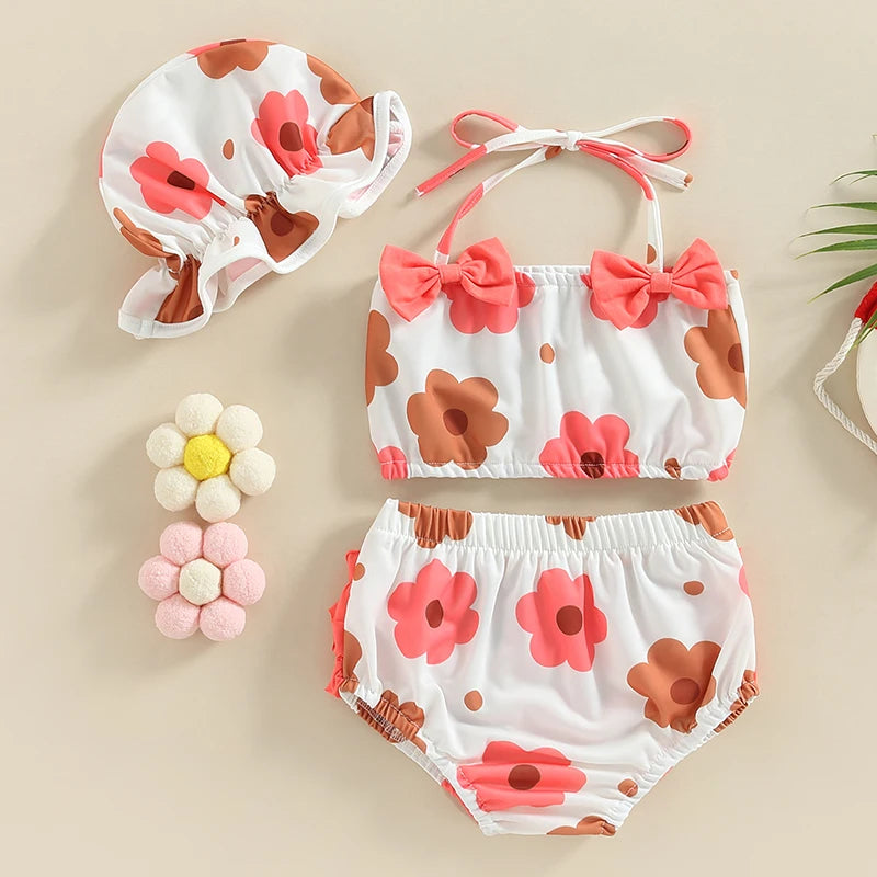 2023 Summer 0-2Y Baby Girls Three Piece Swimsuits Floral Print Halter Bikini Set Bathing Suit with Swim Cap
