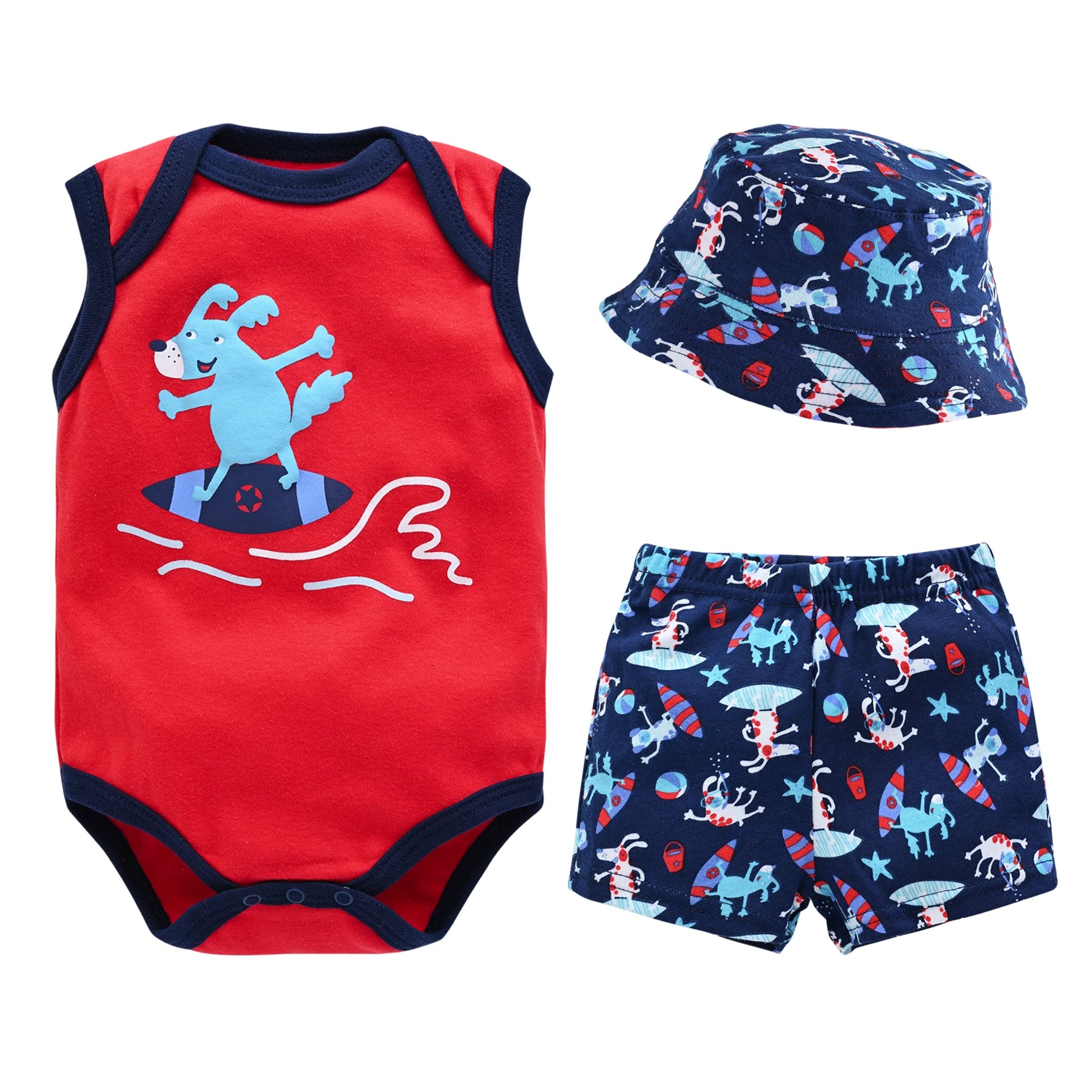 3 PCS Summer Baby Bodysuit Set Boys Romper +Hats + Shorts