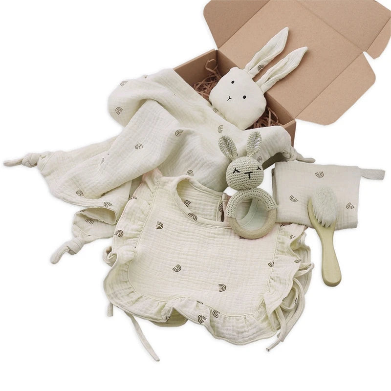 5 Pcs Baby Toys Gifts Wooden Crochet Rattle Teether Wash Facecloth Infants Feeding Bib Appease Towel Hair Brush