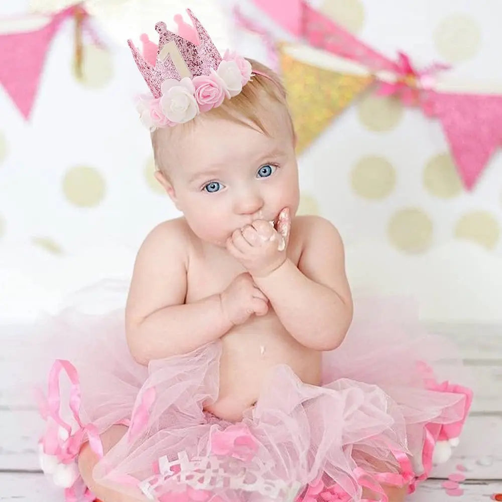 Pink White Rose 1 Year Old Crown Princess Birthday Party Props