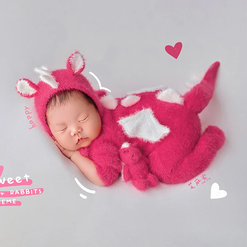 Newborn Photography Outfit Pink Furry Dinosaur Costume Set