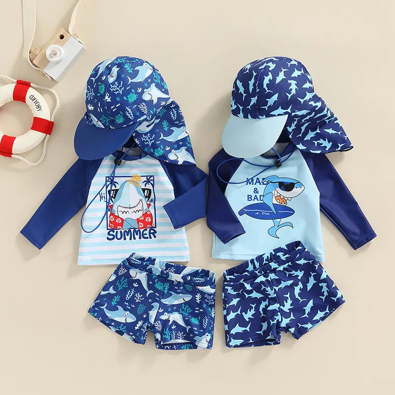 Toddler Kid Boy Swimsuit Cartoon Striped Shark Print