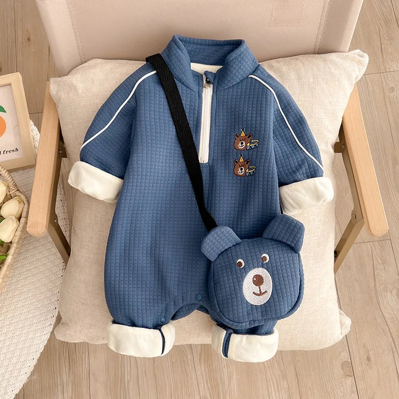 Autumn Winter Infant Boys Jumpsuit Baby Boys Waffle Plaid Plush Thickened Soft Bodysuit Toddler Boys Bear Embroidery Romper