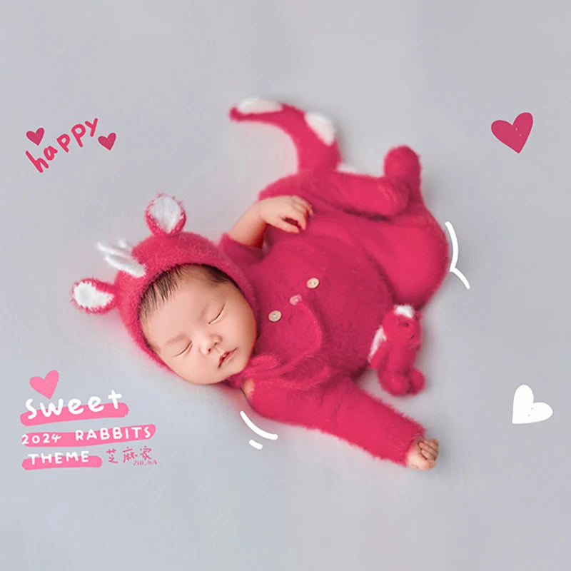Newborn Photography Outfit Pink Furry Dinosaur Costume Set