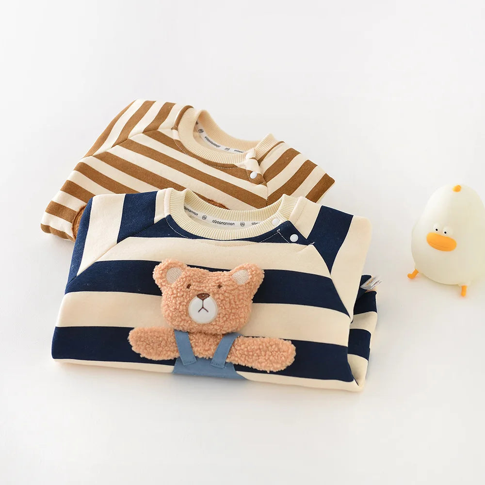 2023 Spring Autumn Korean Infant Boys Jumpsuit Patched Cartoon Bear Boys Striped Romper Thick Button Long Sleeve Toddler Outfit