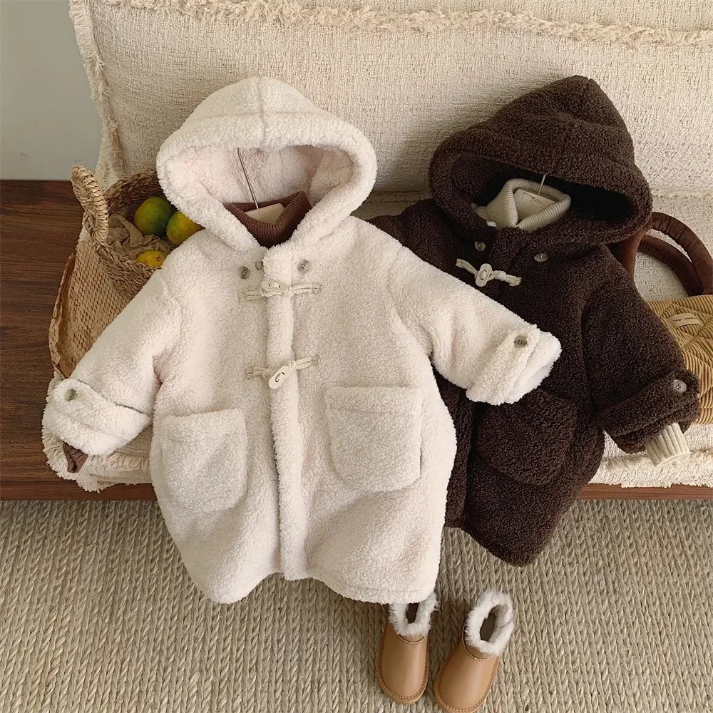 2023 Winter New Baby Winter Fleece Jackets Toddler Kids Fashion Plush Thicken Warm Long Coats Korean Baby Girls Hooded Jacket