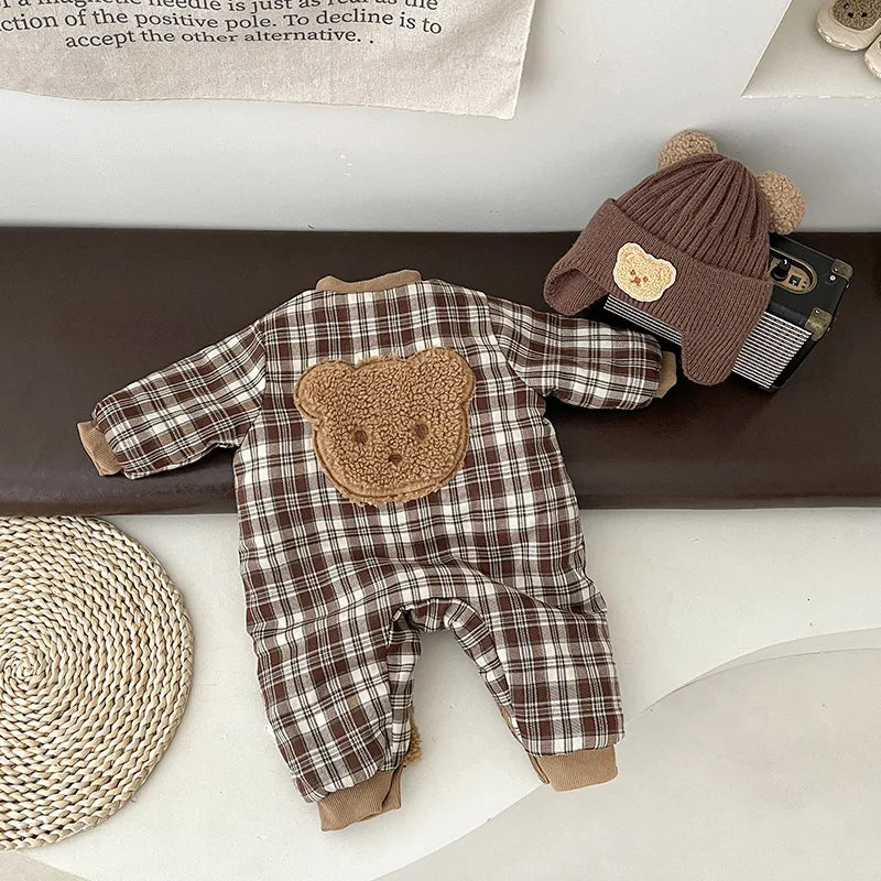 2023 Ins Winter Infant Boys Reversible Rompers Hairy Thick Baby Boys Padded Bodysuits Plaid Bear Patched Newborn Boys Outfits
