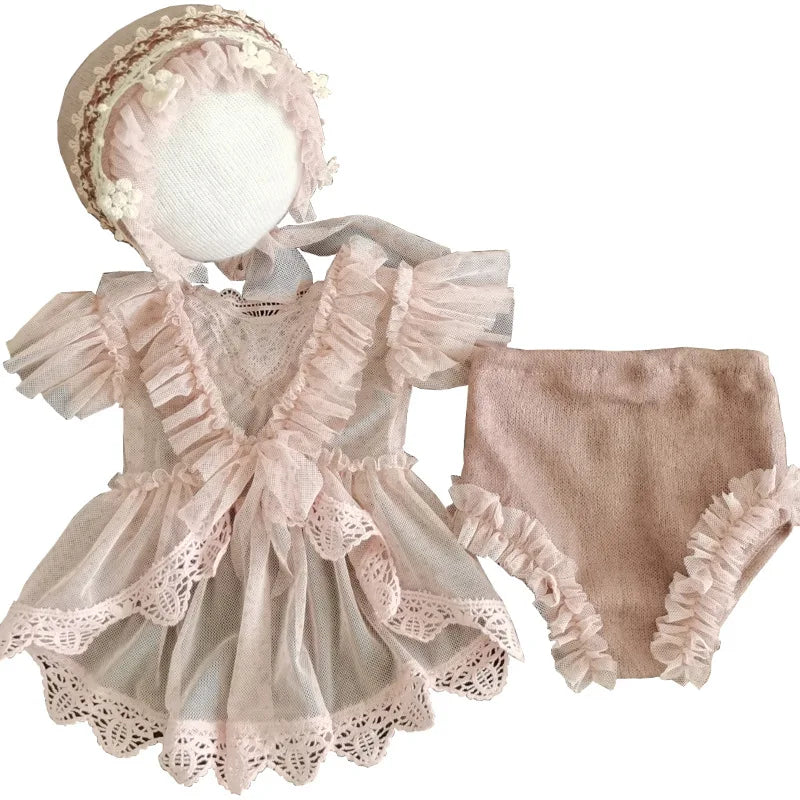 Newborn Photography Props Outfits Baby Lace Romper Headband Set