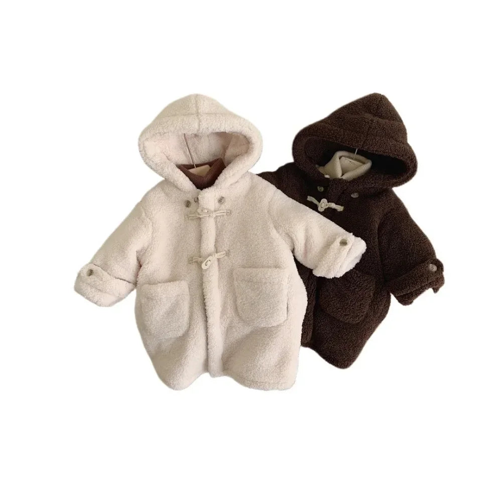 2023 Winter New Baby Winter Fleece Jackets Toddler Kids Fashion Plush Thicken Warm Long Coats Korean Baby Girls Hooded Jacket
