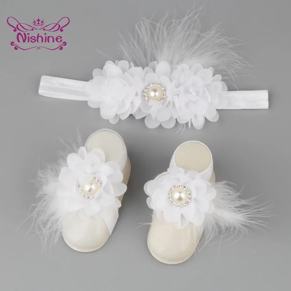 3pcs/lot Chiffon Flower Headband with Barefoot Sandals Soft Feather