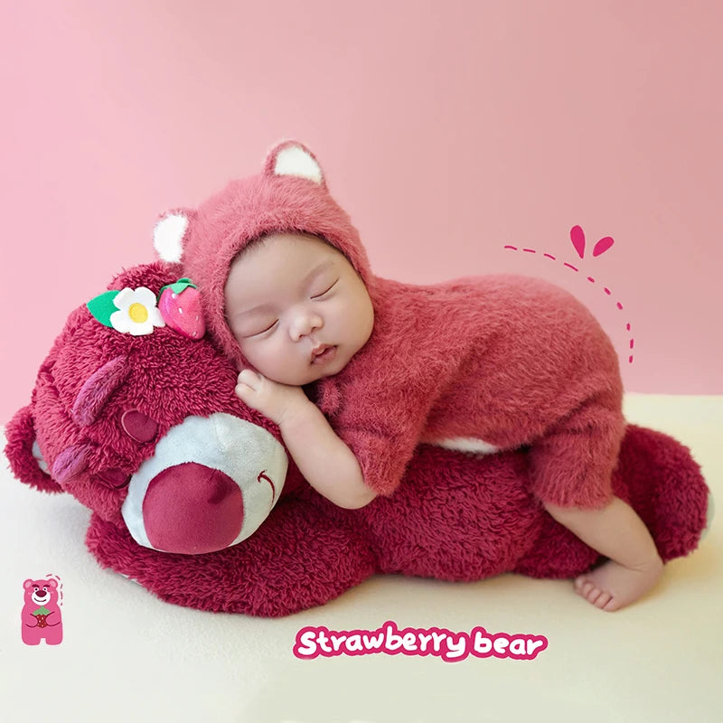 Newborn Photography Clothes Cute Bear Ear Hat Knitted Jumpsuit Pink Bear Theme