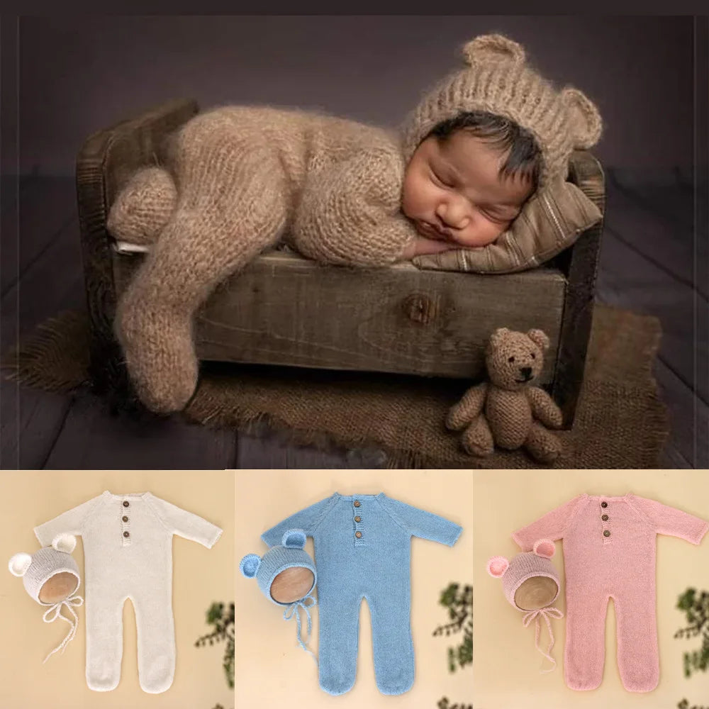 Newborn Wool Knitted Bear Jumpsuit Hat