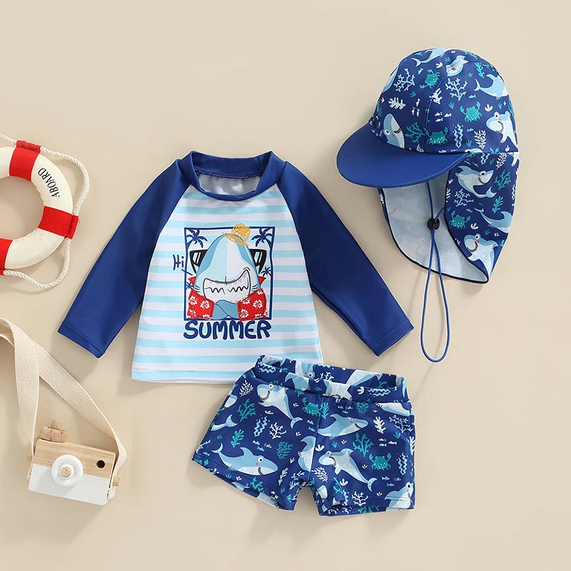 Toddler Kid Boy Swimsuit Cartoon Striped Shark Print