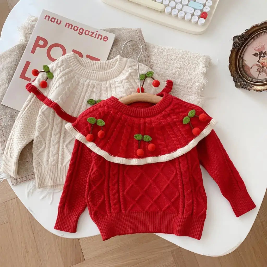 Autumn Winter Korean Baby Girls Pullover Cute 3D Cherry Pattern Stripe Fashion Infant Girls Kniwear Casual Newbron Girls Sweater