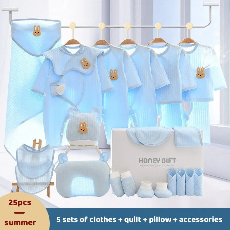 21/25pcs 100% Pure Cotton Summer Bunny Newborn Baby Clothes Set Baby Boy Girl Rabbit Pattern Clothes 0-6M Baby Gift With Box