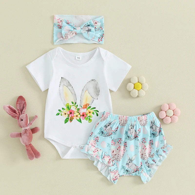 Newborn Baby Girl Easter Outfit Short Sleeve Bunny Headband Set
