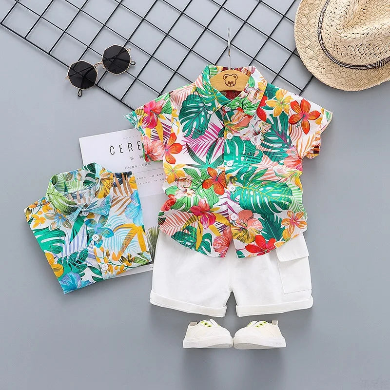 Summer Cotton Floral Shirt + Shorts Suits 2pcs Baby Hawaiian Outfit