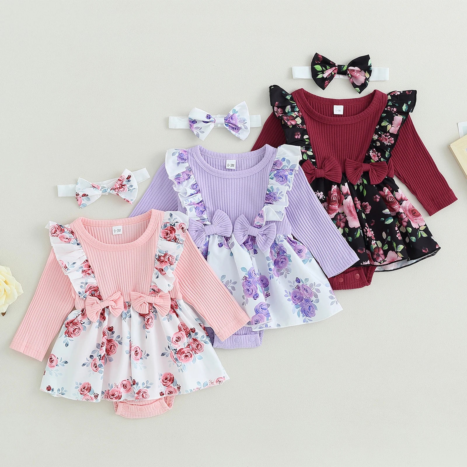 Infant Girl Dress Rib Knit Floral Print Skirt Headband