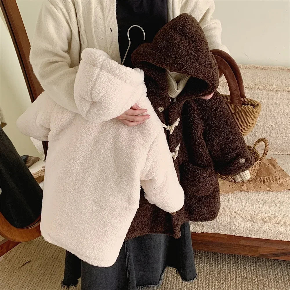 2023 Winter New Baby Winter Fleece Jackets Toddler Kids Fashion Plush Thicken Warm Long Coats Korean Baby Girls Hooded Jacket