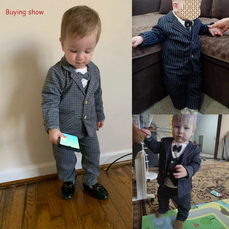 Baby Plaid gentleman suit set tie shirt trousers three piece set