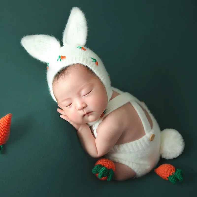 Newborn Photography Clothing Rabbit Hat+Jumpsuits+Radish 5Pcs/set