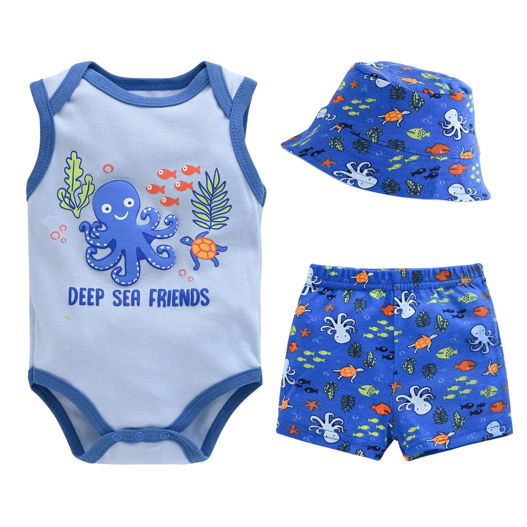 3 PCS Summer Baby Bodysuit Set Boys Romper +Hats + Shorts