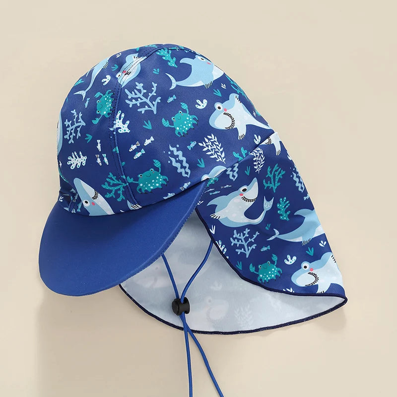 2022-03-29 Lioraitiin 0-4Years Toddler Kid Boy Swimsuit, Cartoon Striped Shark Print Summer Beach Long Sleeve Tops Shorts Hat