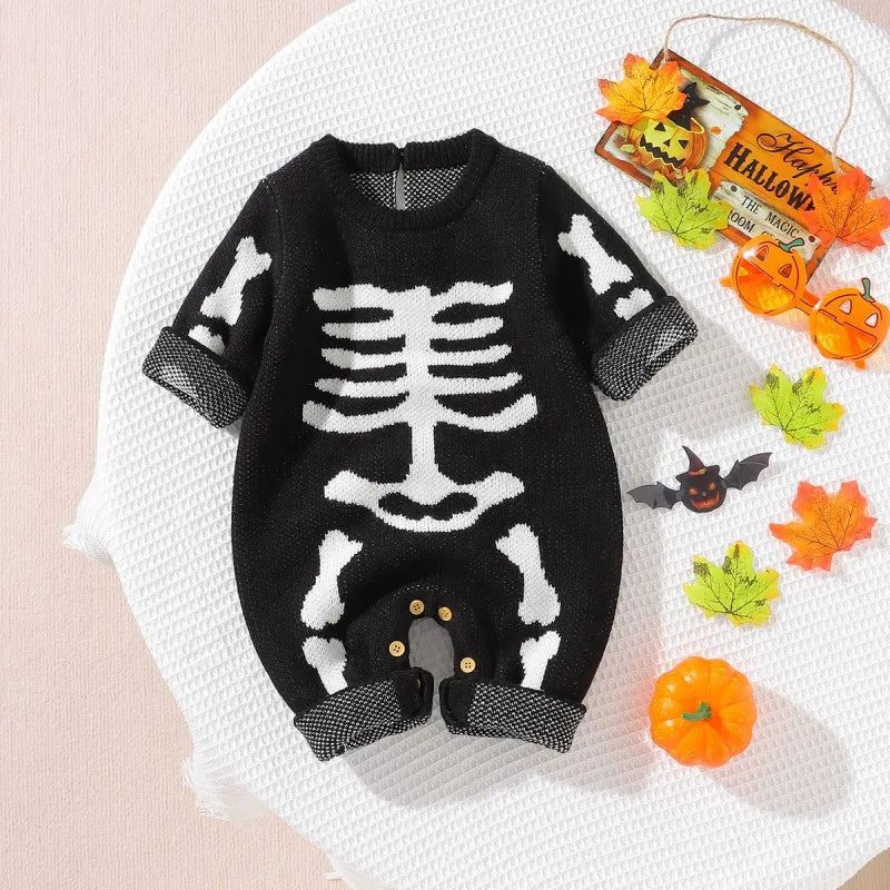 Autumn Halloween Skeleton Jacquard Baby Romper 0-18 months Toddler Boys and Girls Skeleton Sweater Jumpsuit Warm and Comfy