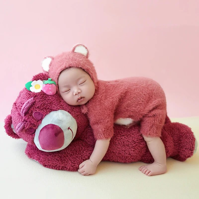 Newborn Photography Clothes Cute Bear Ear Hat Knitted Jumpsuit Pink Bear Theme