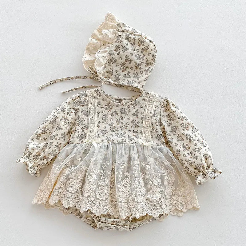 Spring Newborn Baby Girls Hat+Long Sleeved Cotton Print Lace Dress