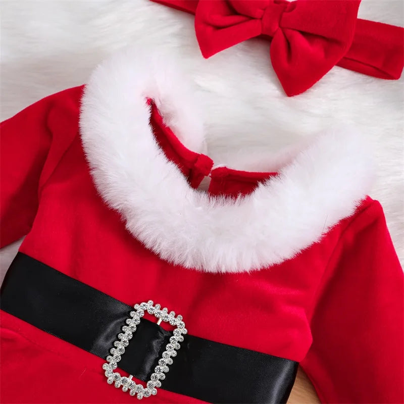 Baby Girls Christmas Velvet Romper Dress + Headband Set