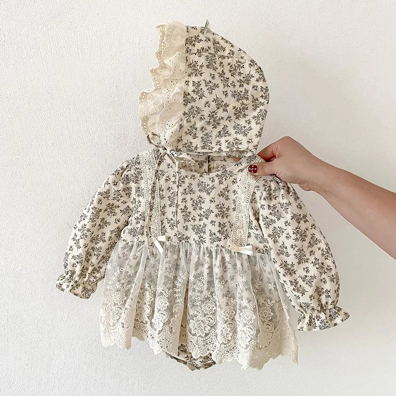 Spring Newborn Baby Girls Hat+Long Sleeved Cotton Print Lace Dress