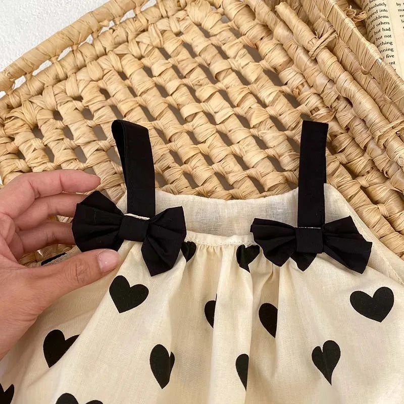 2024 Spring Baby Bow Love Print Suspenders Cotton Tops Suit