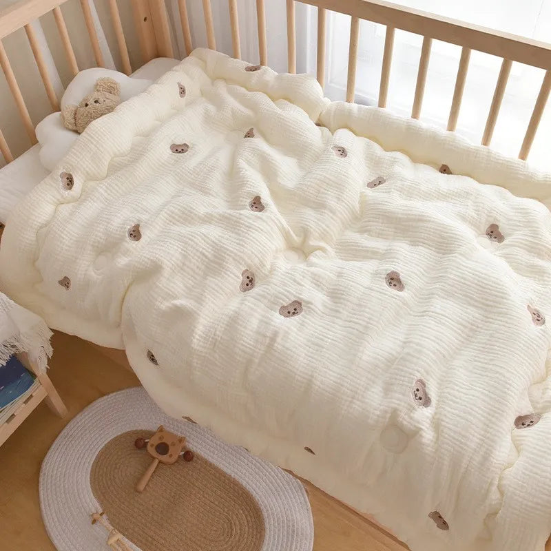 Pure Cotton Blanket Muslin Baby Bedding Bear Embroidery Newborn Boy Girl Swaddle Blankets Kids's Quilt on Bed Stroller Cover