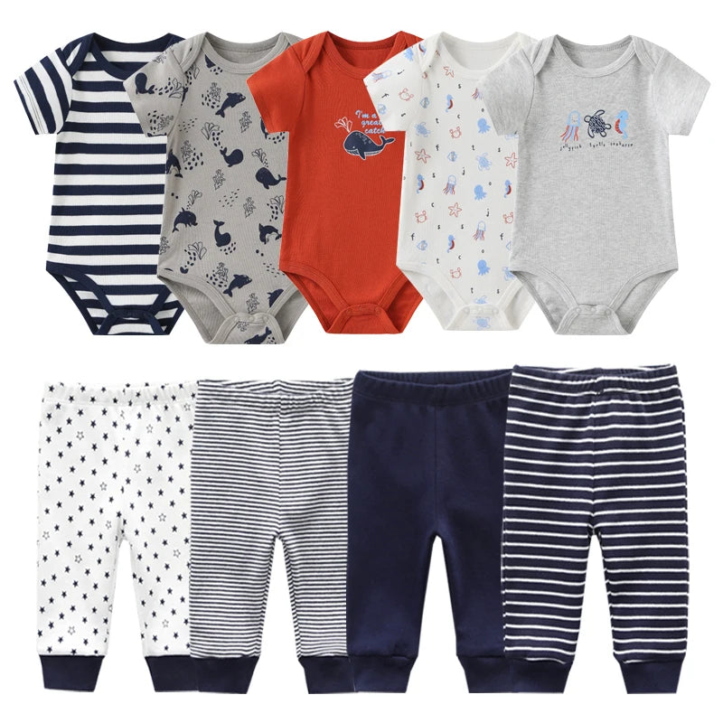 6/9/10Pieces Baby Cartoon Bodysuits+Pants Unisex Cotton