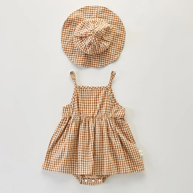 Newborn Baby Girls Jumpsuit+Hat Sleeveless Cotton Plaid Dress