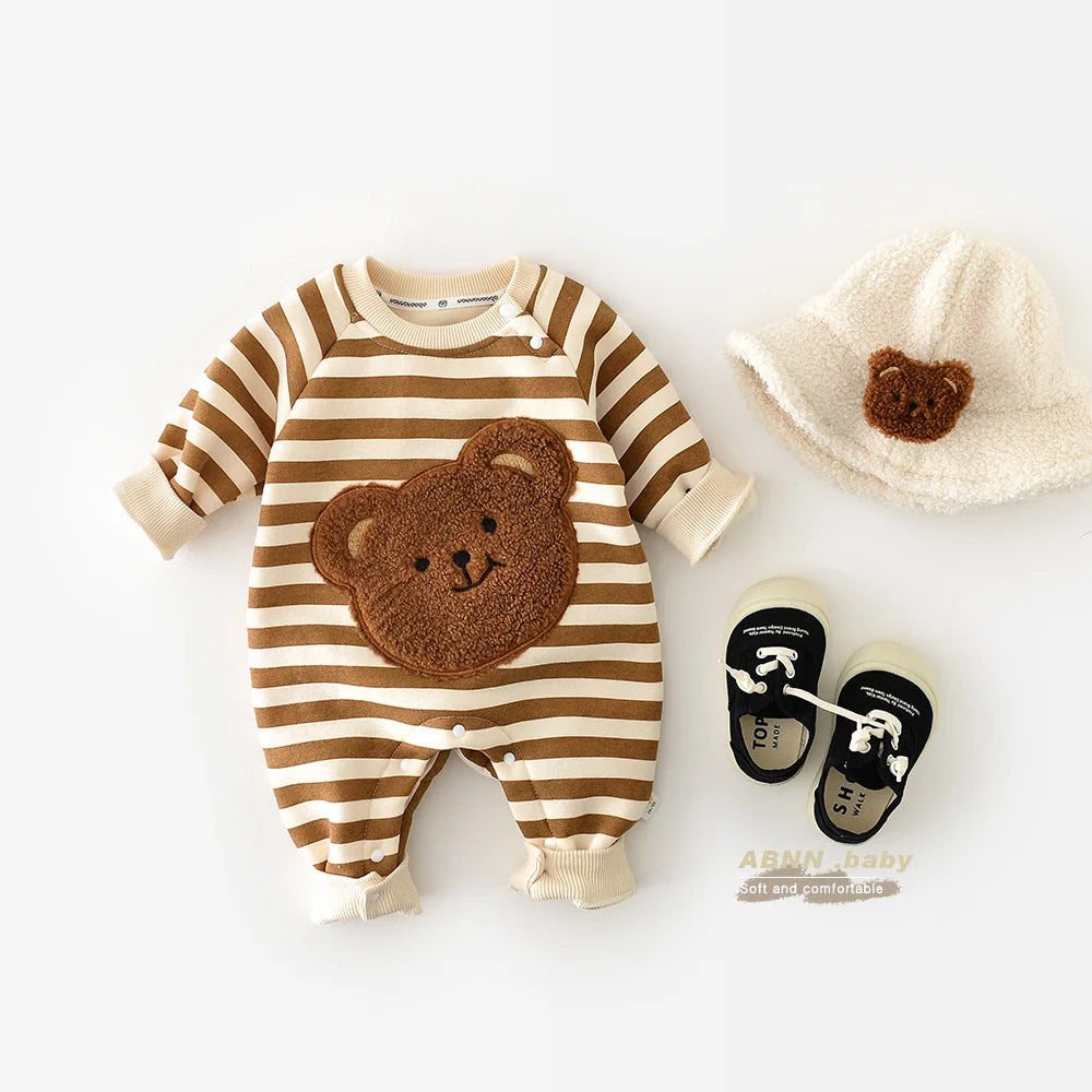 2023 Spring Autumn Korean Infant Boys Jumpsuit Patched Cartoon Bear Boys Striped Romper Thick Button Long Sleeve Toddler Outfit