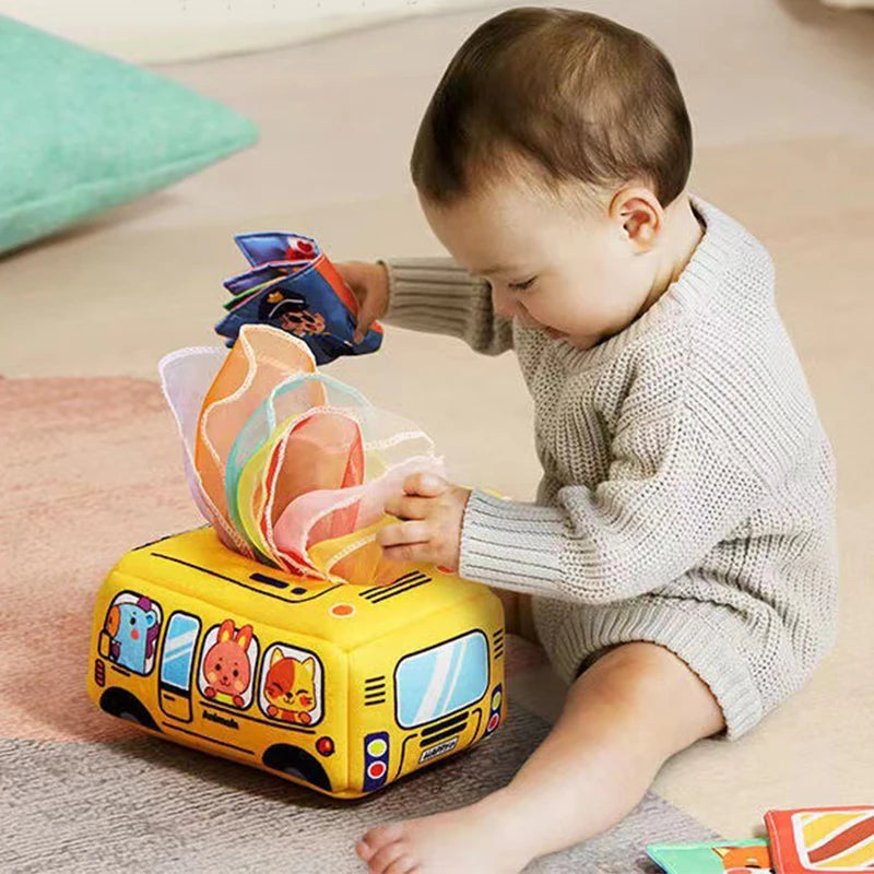 Baby Sensory Toys Infant Pull Along Magic Tissue Box Montessori Toy for 6-12 Months