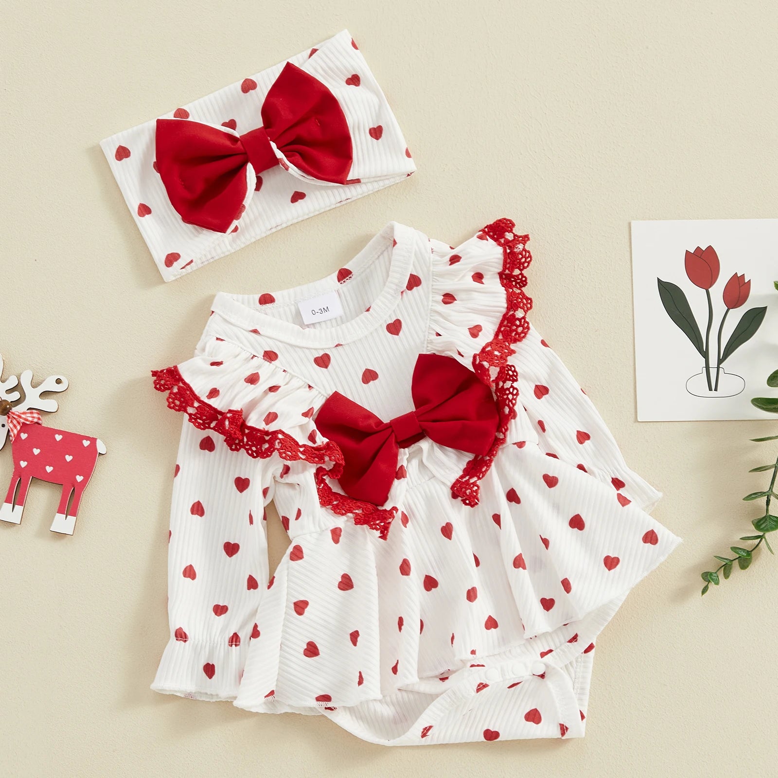 2pcs Toddler Baby Girls Valentine Day Romper 0-18M Bodysuits with Headband