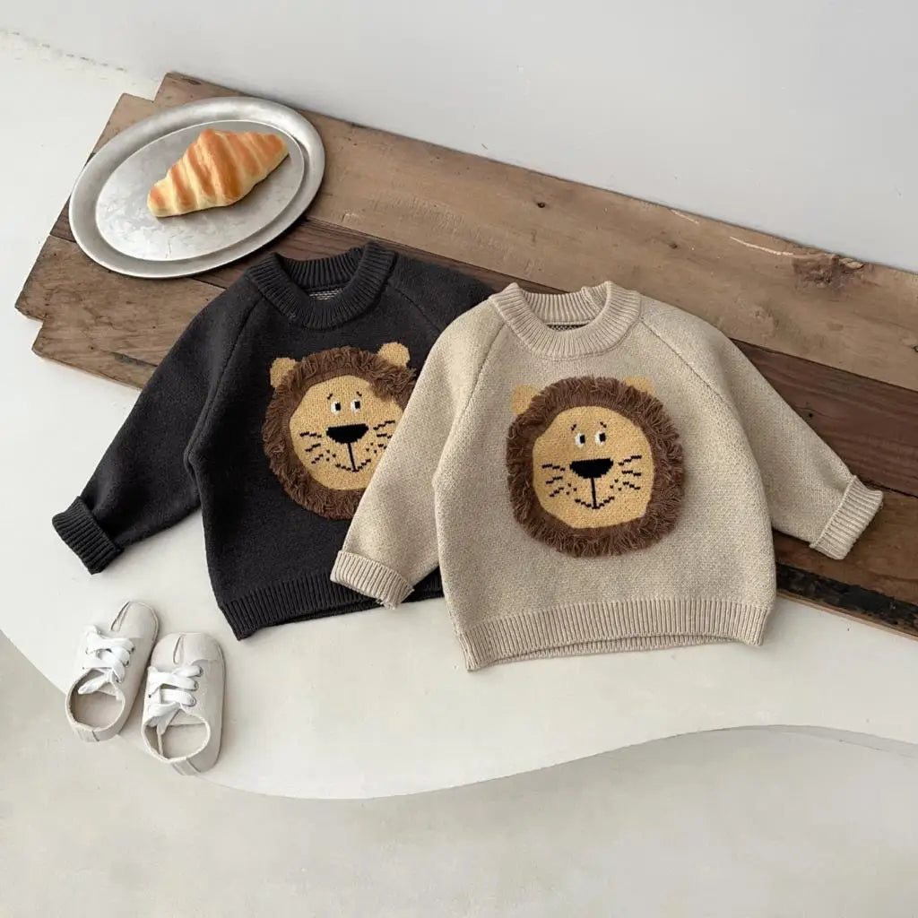 2023 Korean Autumn Winter Baby Boys Sweaters Cotton Knitted Lion Patched Infant Boys Pullovers Warm Thick Toddler Boy Knitwears